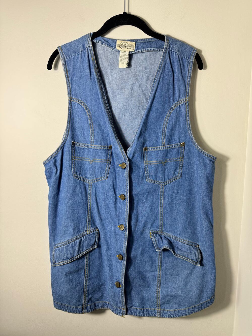 Vintage 90s Denim Republic Blue Western Stitch Button Up Jean Vest Size 18